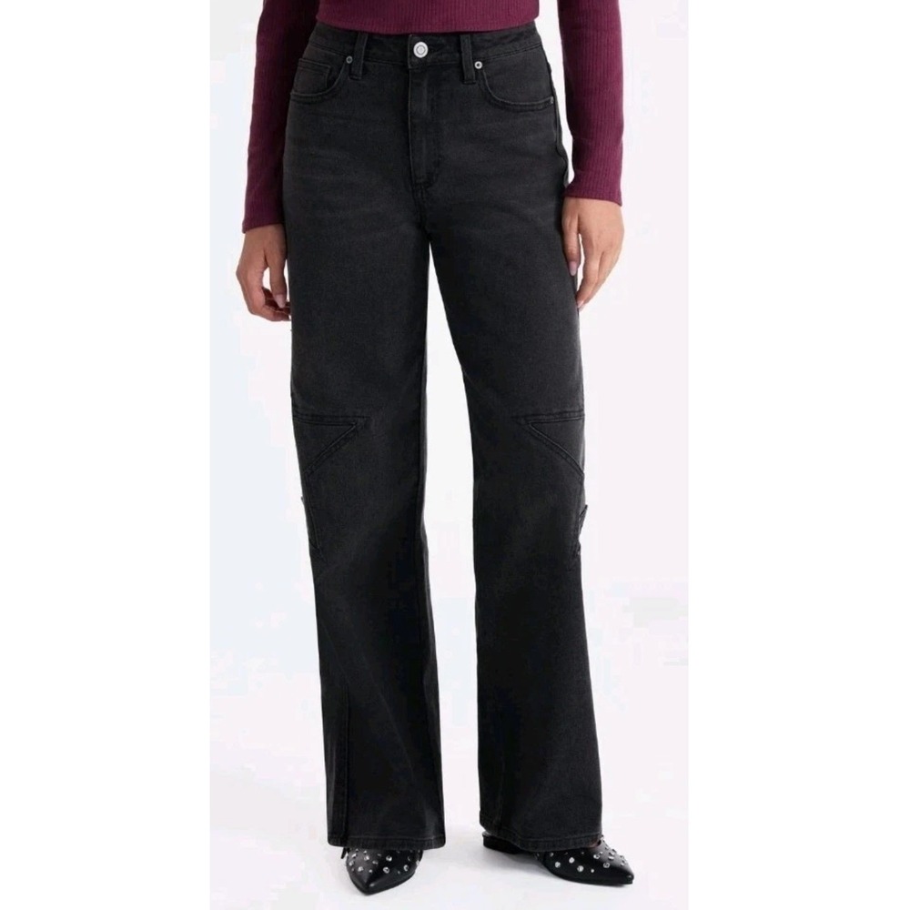 No Boundaries Women Black Star Patchwork Wide Leg Mid-Rise Jeans Size 4 NEW